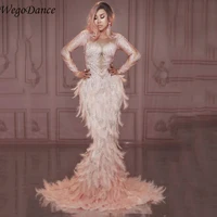 fashion sparkly rhinestones pink feather nude dress sexy full stones long big tail dress costume prom birthday celebrate dresses