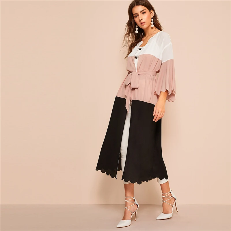 SHEIN Контрастное Платье С Фигурной Отделкой Женское Розовое Модное Платье С Поясом И Фестонами