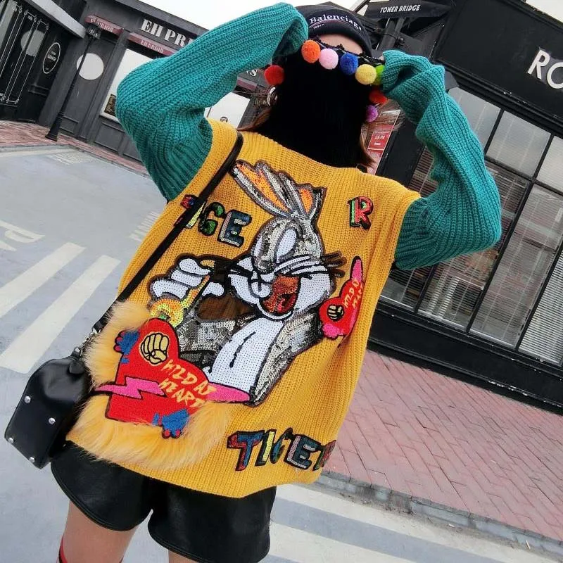 2018 Новый осень-зима Свитеры с высоким воротом мультфильм Блёстки Пуловеры для