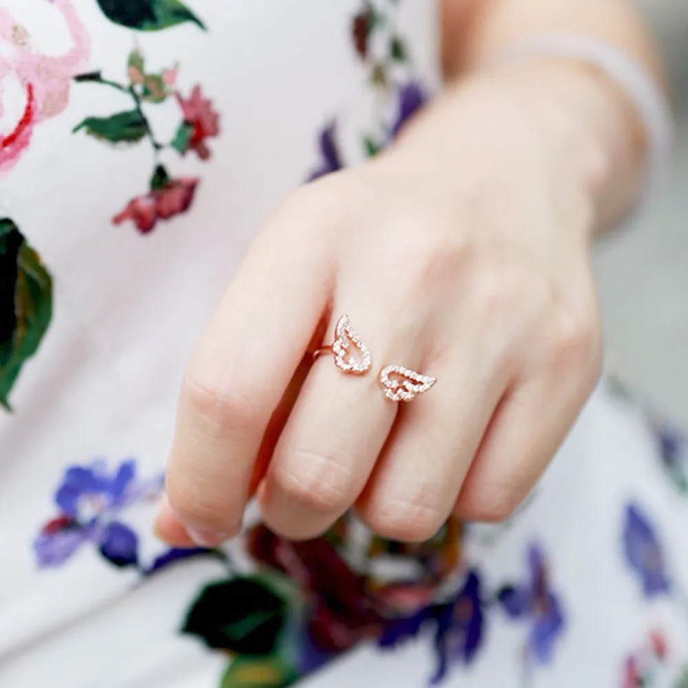 Trendy Rose Gold Rhinestone Zirconia Angel Wings Ring Finger Index Joint Open Rings | Украшения и аксессуары