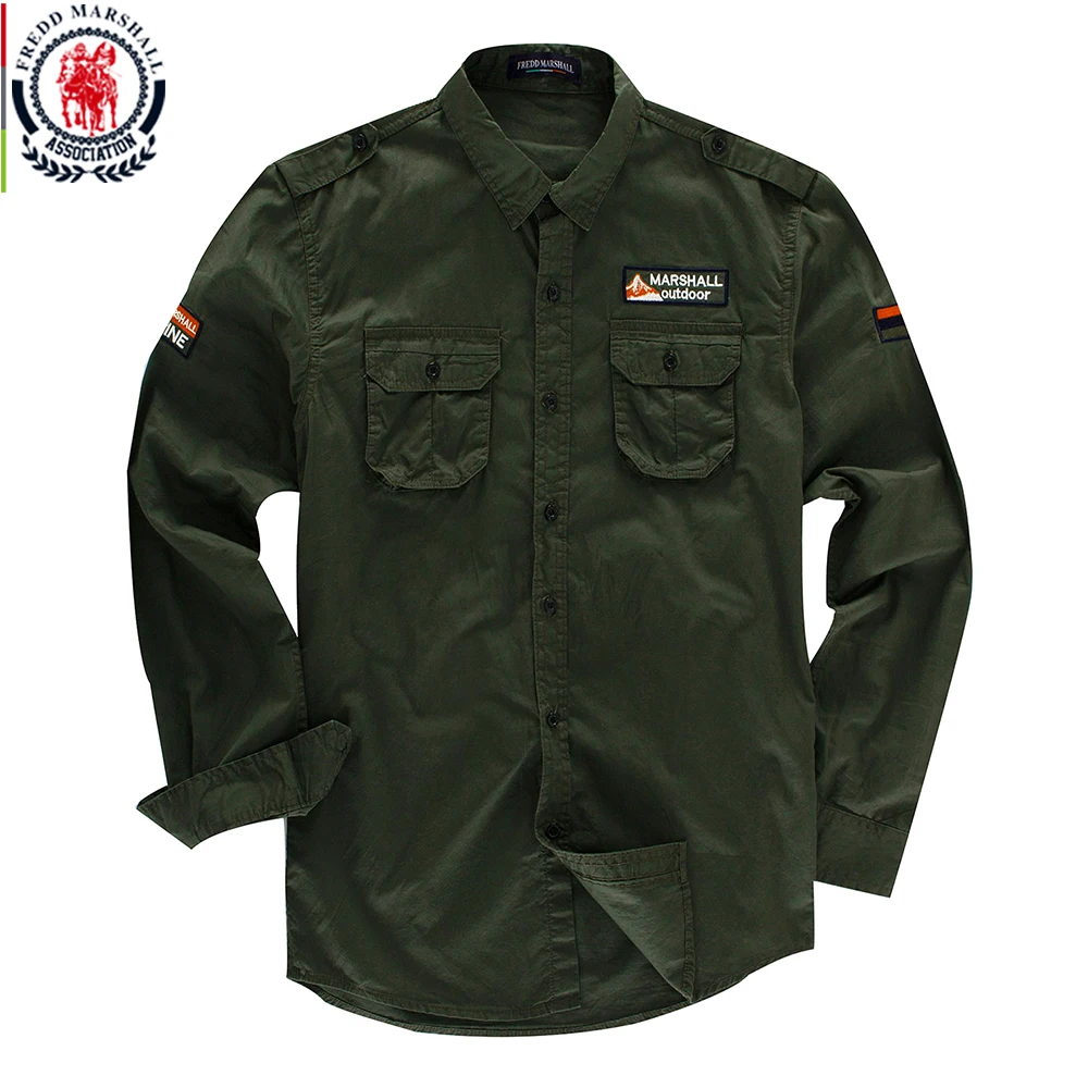 115 Army Green Fredd Marshall, мужская рубашка Карго, новинка, повседневная, с длинным рукавом, с вышивкой, одноцветная, Классическая, Военная рубашка, армейский зеленый, хаки, 115 - Цвет: 115 Army Green