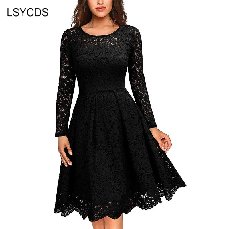 Black LSYCDS, кружевные платья для женщин, осень, длинный рукав, а-силуэт, вечерние платья, сексуальные, повседневные, черные, синие, красные, кружевные, винтажные, элегантные - Цвет: Black