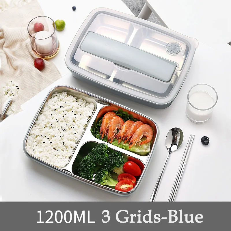 3 Grids-Blue Oneisall Bento Ланч-бокс кухонный пищевой контейнер из нержавеющей стали Пластиковый 1200 мл ланчбокс для детей с подогревом Ланч японский стиль - Цвет: 3 Grids-Blue