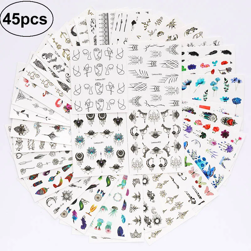 set 11 45pcs LEMOOC 1 набор, смешанный дизайн, набор наклеек для дизайна ногтей, Черное кружево, золотой, серебряный блеск, цветок, водная наклейка, слайдер, обертывания, Декор, маникюр - Цвет: set 11 45pcs