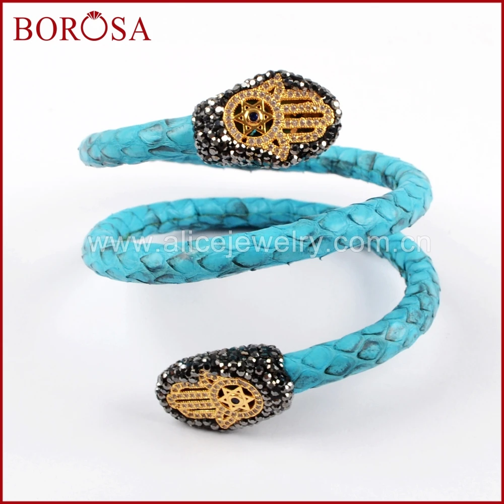 BOROSA 5 шт. Подлинная змеиная кожа Drusy регулируемые браслеты с CZ микро паве Хамса