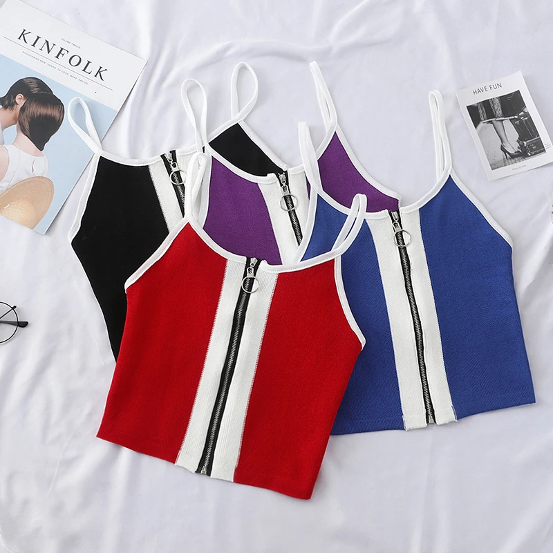 ALPHALMODA, новинка, сексуальный короткий Трикотажный жилет на молнии, женская блузка на подтяжках с высокой талией, модный вязаный Топ