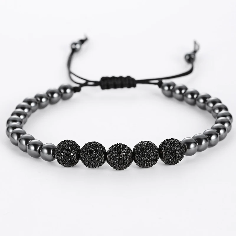 Mcllroy мужские браслеты, круглые бусины и 8 мм Micro Pave черные CZ бусины Micro Pave кубического циркония плетение Макраме Браслеты