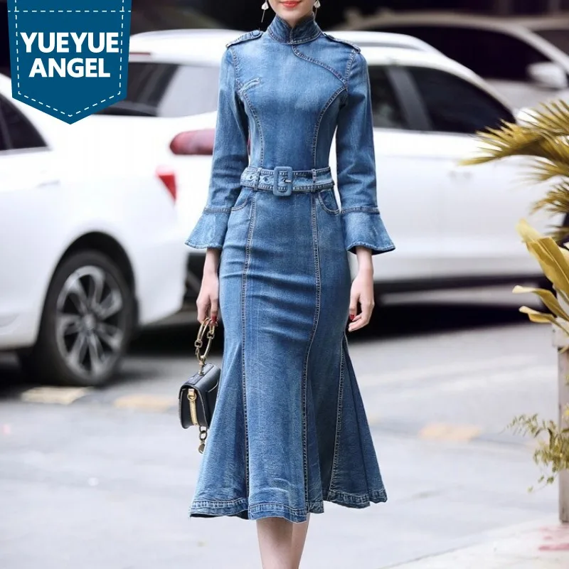 Элегантное джинсовое платье женские платья с расклешенным рукавом Осеннее