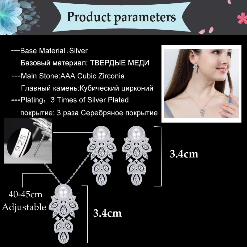 BeaQueen Новое Стерлинговое Серебро 925 Pin, украшенное кубическими камнями, циркониевые серьги с кристаллами, ожерелье наборы модные жемчужные украшения для женщин JS107