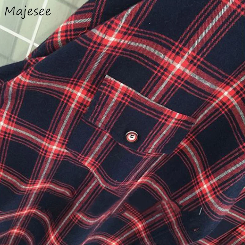 Женские рубашки в клетку стиле ретро с отложным воротником свободные простые