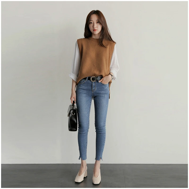 Женский трикотажный жилет с круглым вырезом без рукавов|vest female|vest womenwool sweater vests |