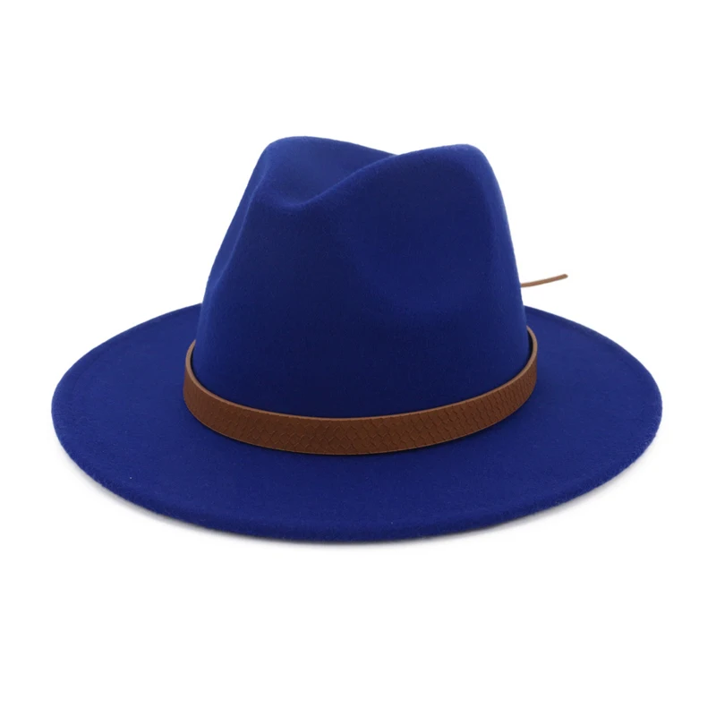 Royalblue QIUBOSS, для мужчин и женщин, с широкими полями, шерсть, войлок, Винтаж, Панама, фетровая шляпа, модная джазовая Кепка, Кожаное украшение, флоппи-геймер, Chapeau QB41 - Цвет: Royalblue