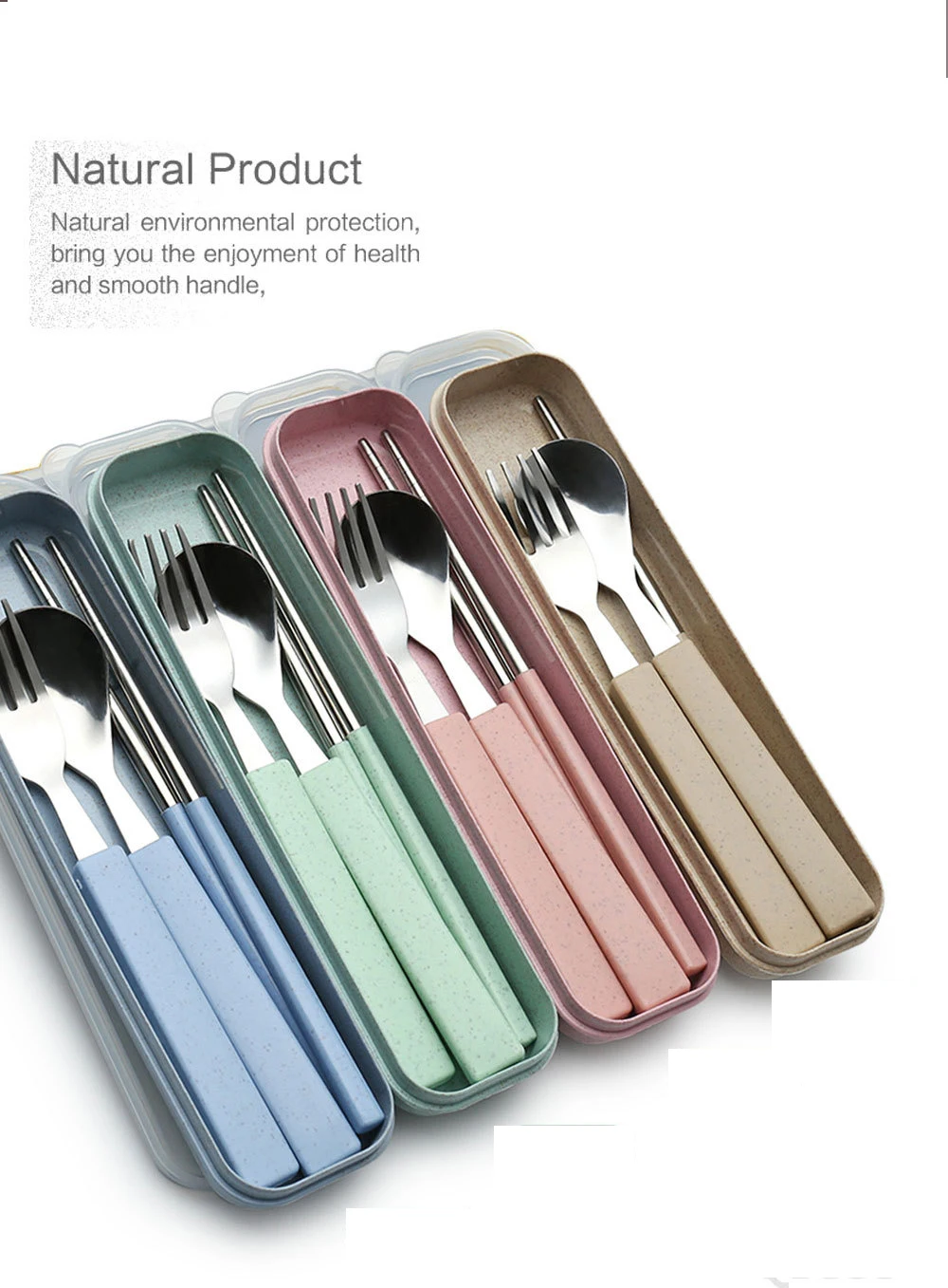Nordic Color Wheat Straw plastic Dinnerware Set Portable Outdoor Camping Picnic School Kids cutlery Stainless Steel Tableware