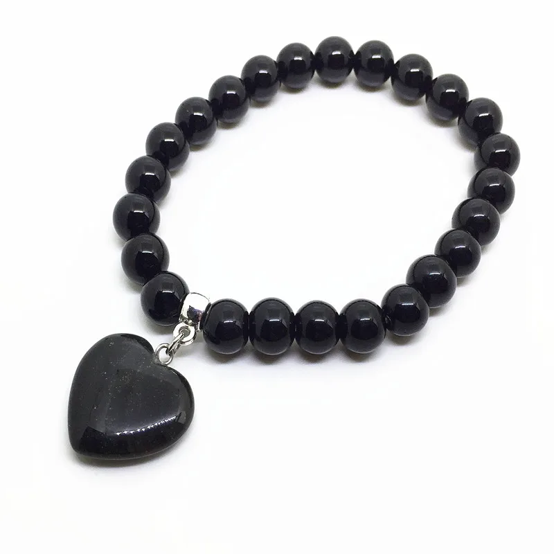black agate Beadztalk Природный камень бусины браслеты эластичный стрейч браслет сердце Шарм 15 модели на выбор - Окраска металла: black agate