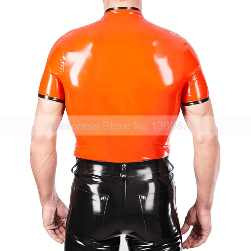 

Orange Latex Man Top T-shirt Short Sleeves Rubber Tee with Front Zipper S-LSM042