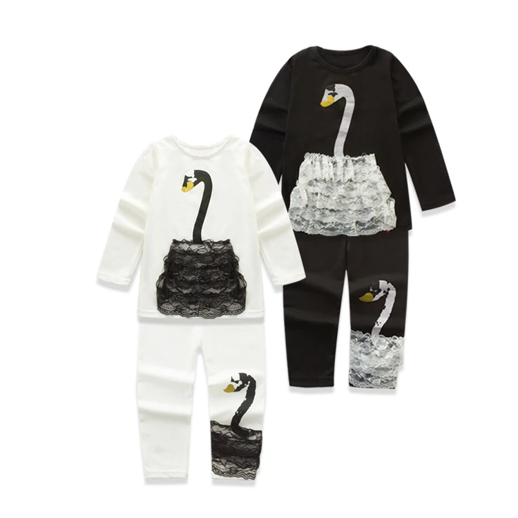 

2016 Spring New Pattern Korea Style Baby Lace Swan Unlined Upper Garment Underpant Suit Girl Leisure Time 2 Pieces Set