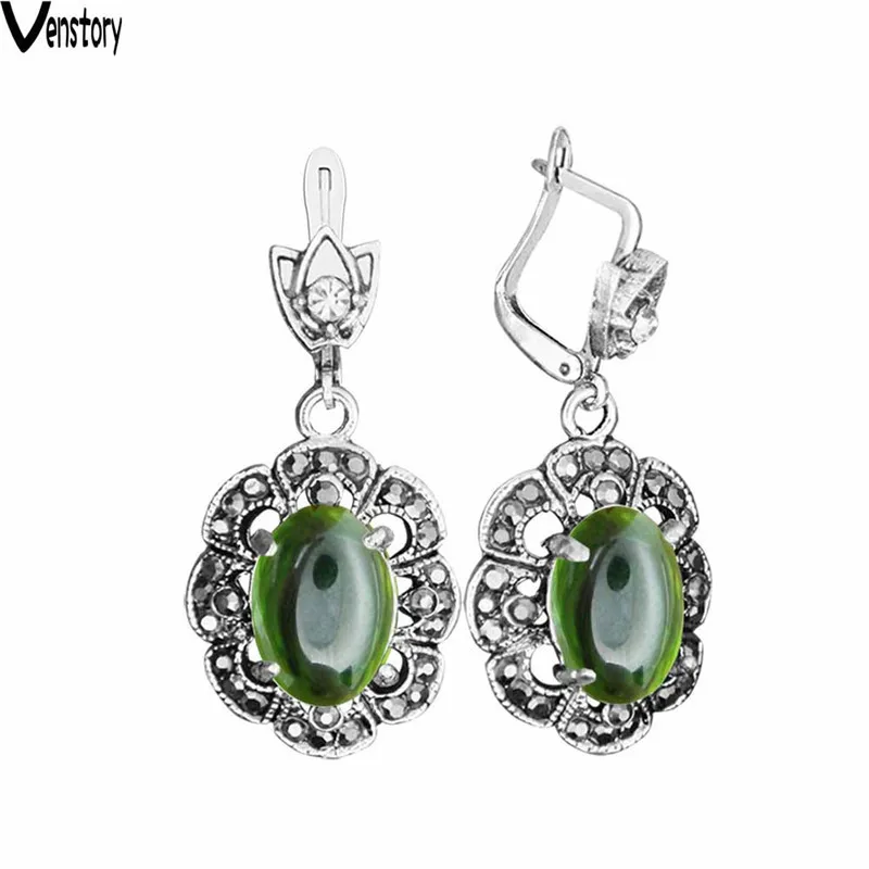 Only Earrings Прозрачный зеленый кристалл Цепочки и ожерелья серьги комплект ювелирных изделий Rhinestone Винтаж вид Модные украшения для Для женщин TS405 - Окраска металла: Only Earrings