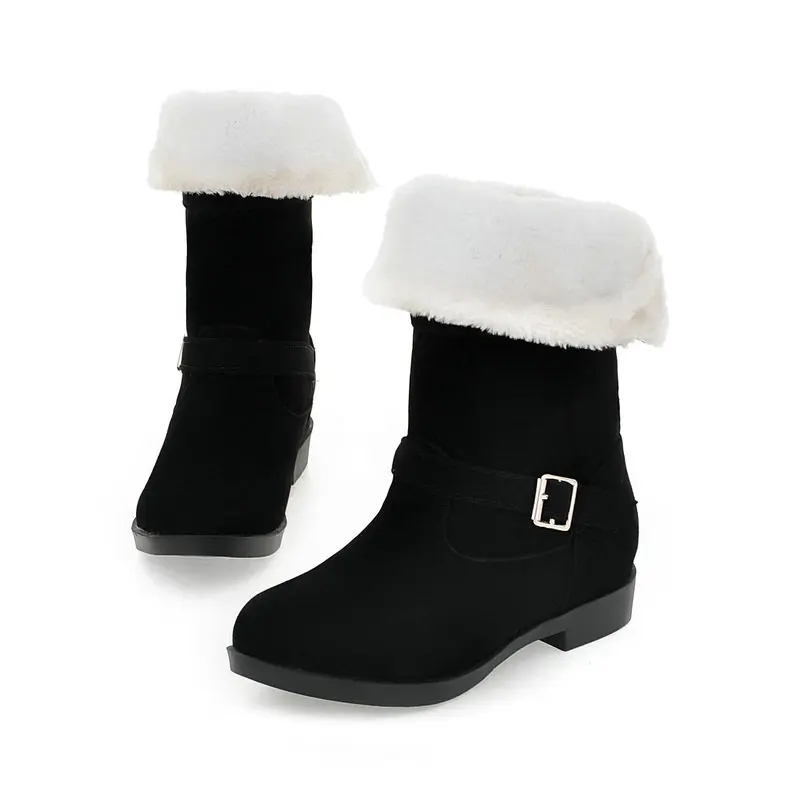 QUTAA Scrub Fashion Round Toe Casual Mid Calf Boots Buckle Comfort Low Heel Winter Warm Fur Orange Women Shoes Size 34-40