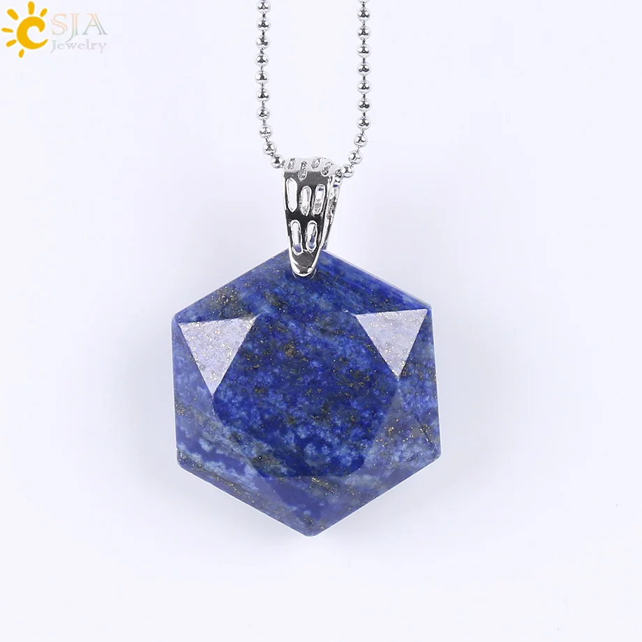 Lapis Lazuli Chain CSJA Ограненный гексагональный натуральный драгоценный камень ожерелья и подвески опал лазурит розовый с кварцевым тигровым глазом чакра рейки ювелирные изделия E643 - Окраска металла: Lapis Lazuli Chain