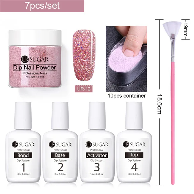 7pcs set12 Ur Sugar полный набор погружения ногтей порошок Системы базовое, топовое покрытие Наборы DIY Dip порошок для ногтей маникюрный набор вкладчик щетки порошок 7 шт./компл - Цвет: 7pcs set12