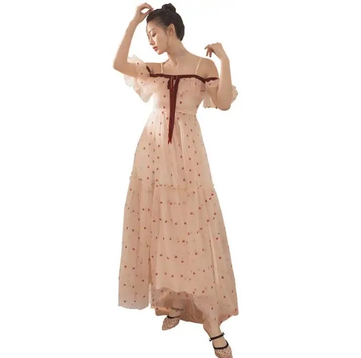 Длинное Сетчатое платье-макси с открытыми плечами и бантом | Женская одежда