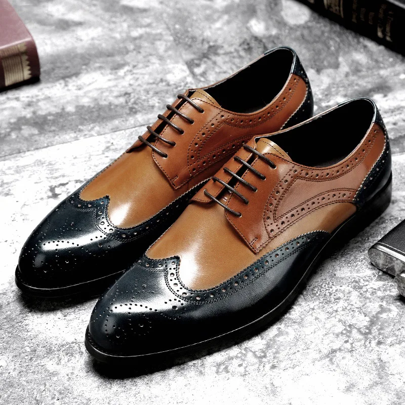 

2019 Italian Men Dress Shoes Brogue Blue Retro Oxford Shoes Men Formal Shoes Genuine Leather Wedding Shoes chaussure en cuir