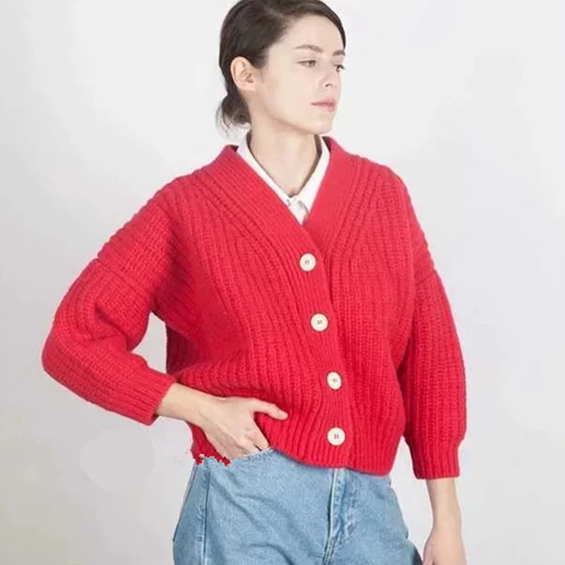 V-neck Solid Knitted Cardigans Women 2018 Autumn High Street New Batwing Sleeve Knitwear Ladies Casual Sweaters cws0159-5 |