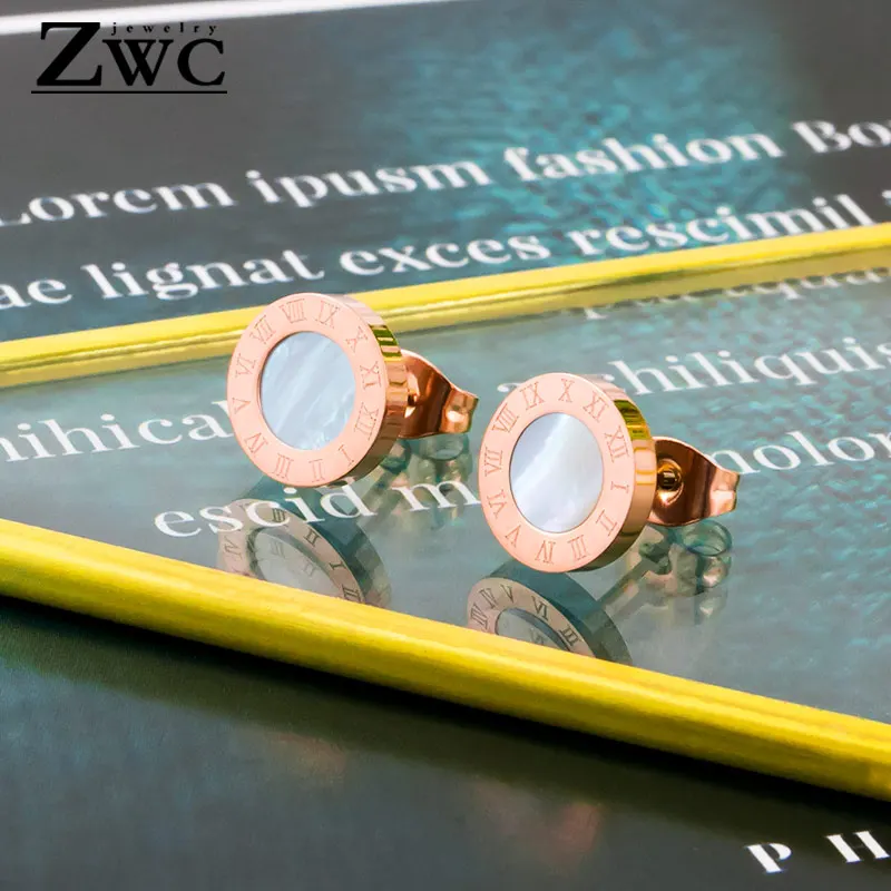 ZWC модные круглые антиаллергенные серьги-гвоздики из титановой стали с римскими цифрами для женщин и мужчин, серьги из нержавеющей стали с кристаллами, ювелирные изделия - Окраска металла: RoseGoldW