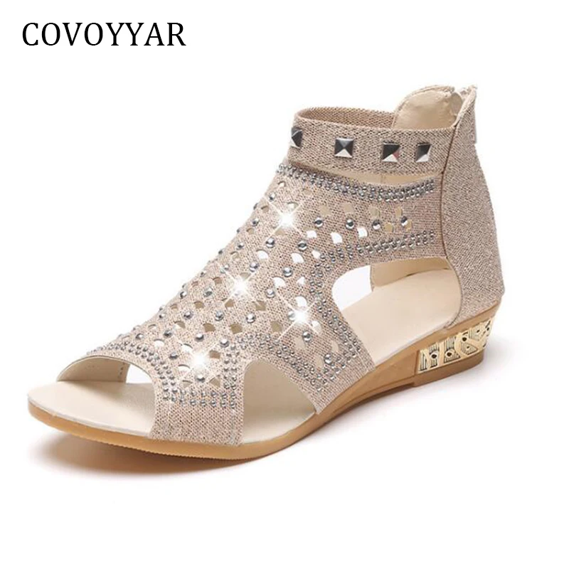 

COVOYYAR Rhinestone Women Gladiator Sandals Peep Toe Rivets Women Shoes 2022 Summer Cut Out Low Wedge Casual Shoes WSS293