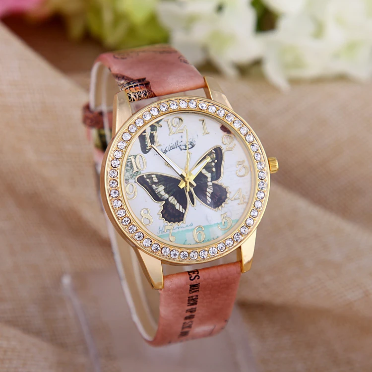 Женские повседневные часы красивые со стразами и цветком наручные с бабочкой |