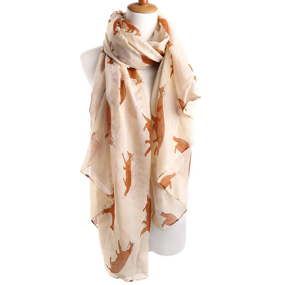 Шарф женский винтажный с принтом лисы и животных Длинный мягкий хлопковый