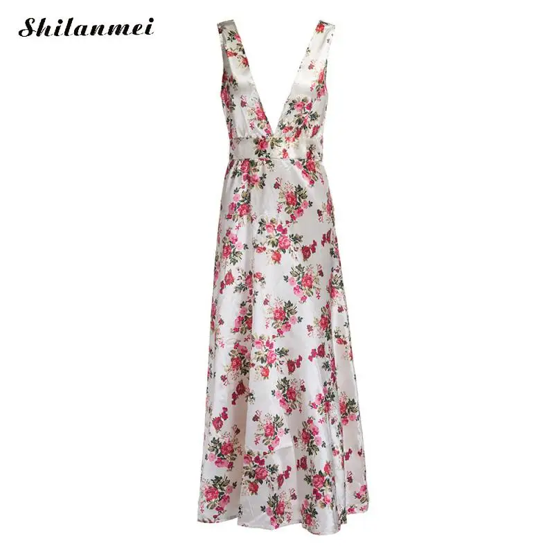 Женское длинное платье макси с цветочным принтом белое открытой спиной на