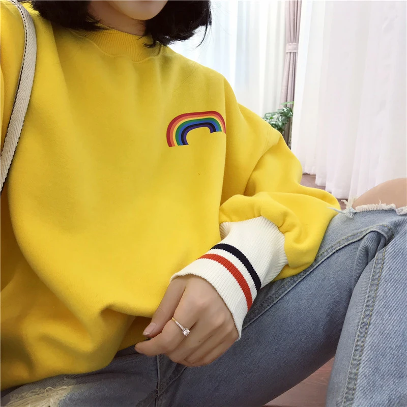 YouGeMan Осень Зима Кофты женские Толстовки корейский Ulzzang Harajuku Радуга полосатый бархат толстовка Девушка Пуловеры Топы