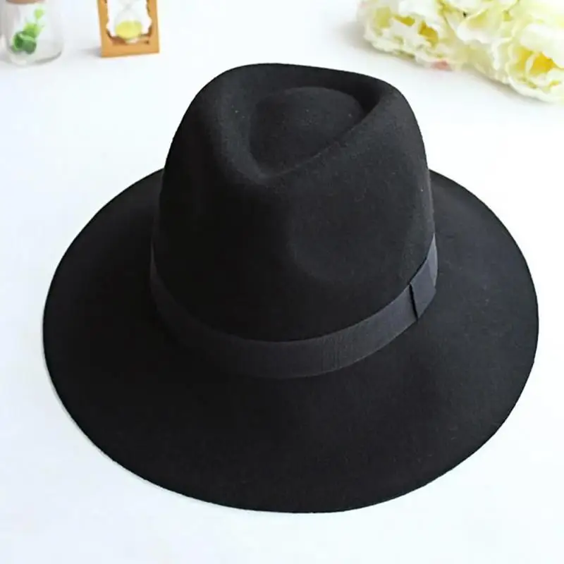 Зима Осень Женская мода с широкими полями Топ джазовая шляпа Кепка Fedora шерстяная шляпа Chapeau черные шляпы для женщин
