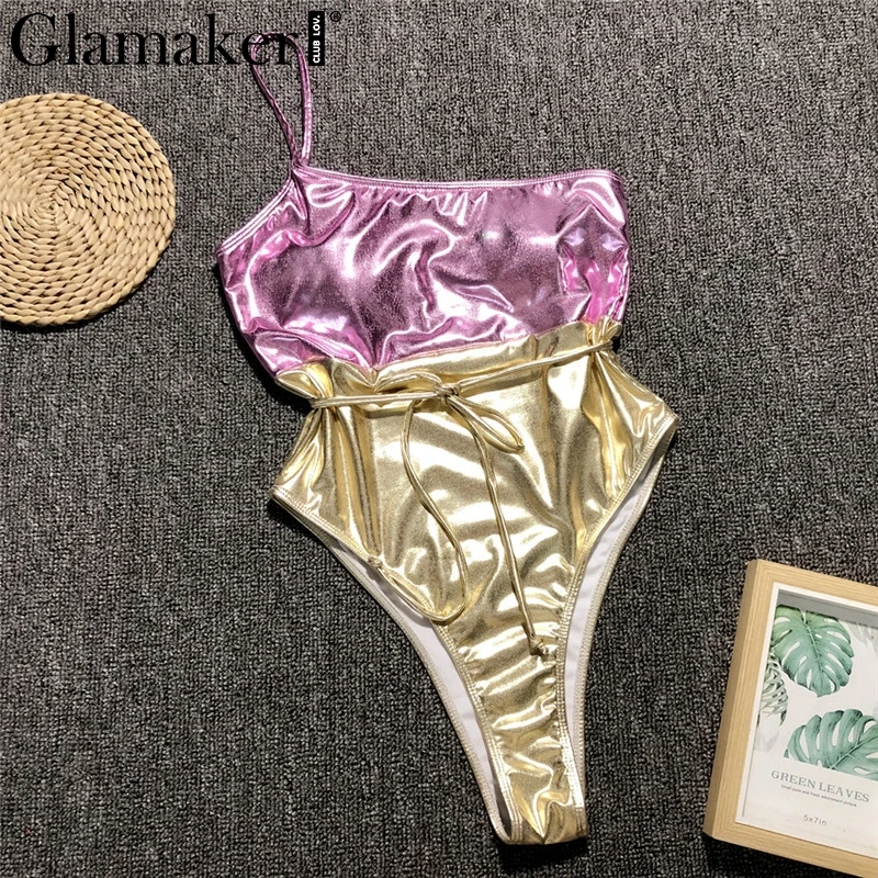 Glamaker, блестящий сексуальный купальник, сдельный, бодикон, боди, на одно плечо, Золотое бикини,, монокини, стринги, пуш-ап, женский купальник - Цвет: Многоцветный