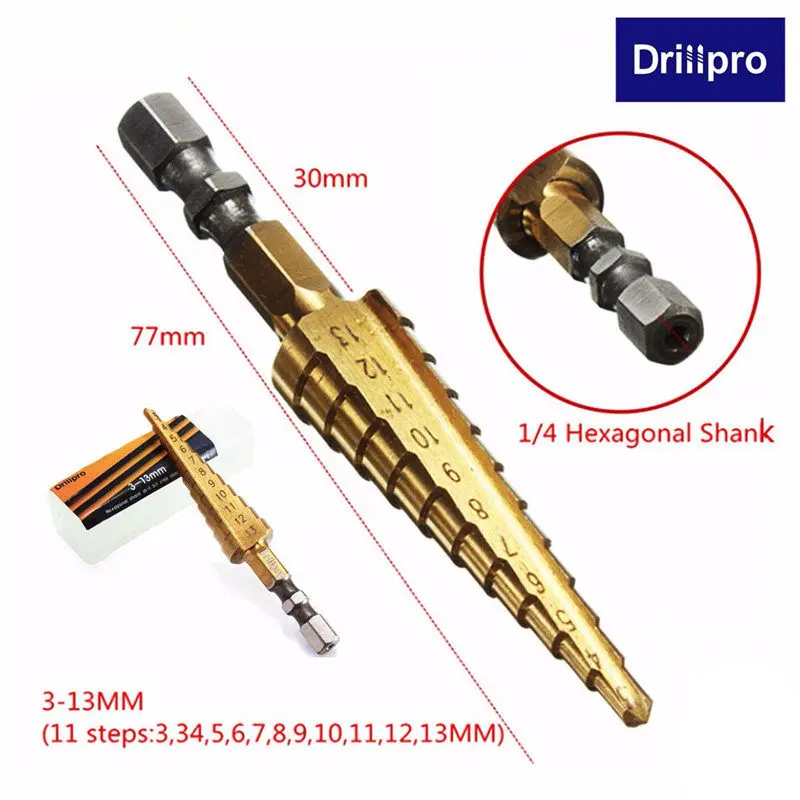 Drillpro 1 шт. 3-13 мм HSS титановое покрытие ступенчатое сверло электроинструменты твердосплавное сверло набор сверл для бурения по дереву Лидер продаж