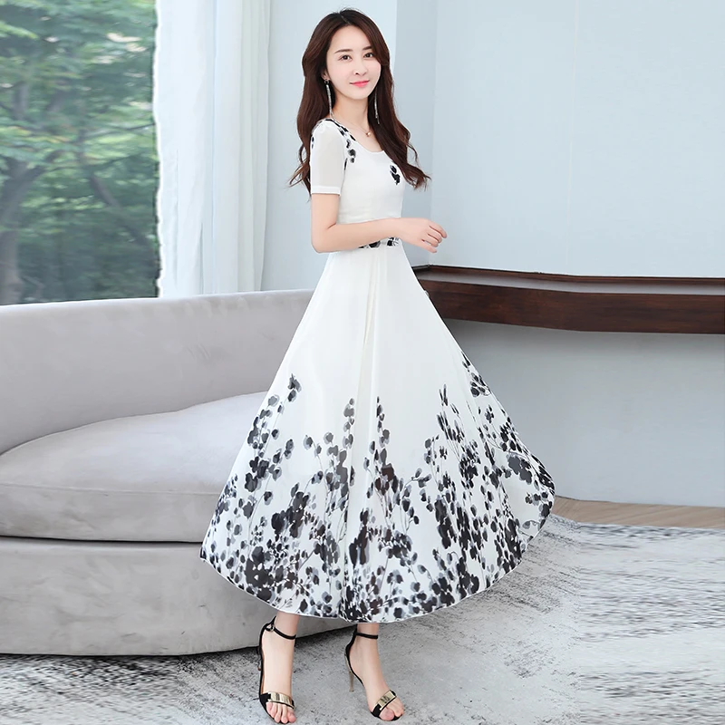 Женское шифоновое длинное пляжное платье с коротким рукавом круглым вырезом и