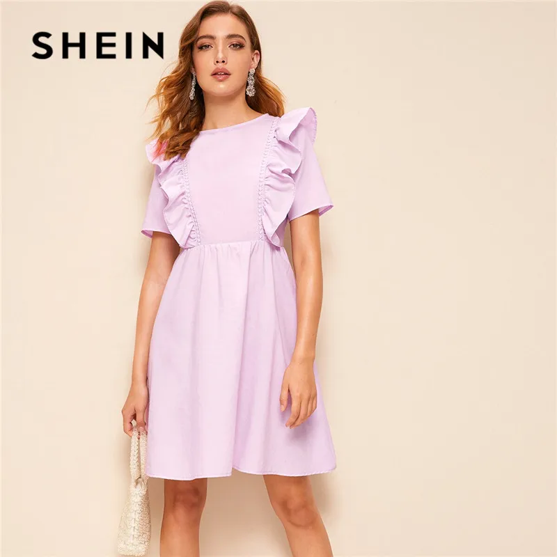 SHEIN однотонное платье миди на молнии сзади с рюшами и проймой женское летнее платье с круглым вырезом и коротким рукавом милое расклешенное ТРАПЕЦИЕВИДНОЕ ПЛАТЬЕ С Высокой Талией