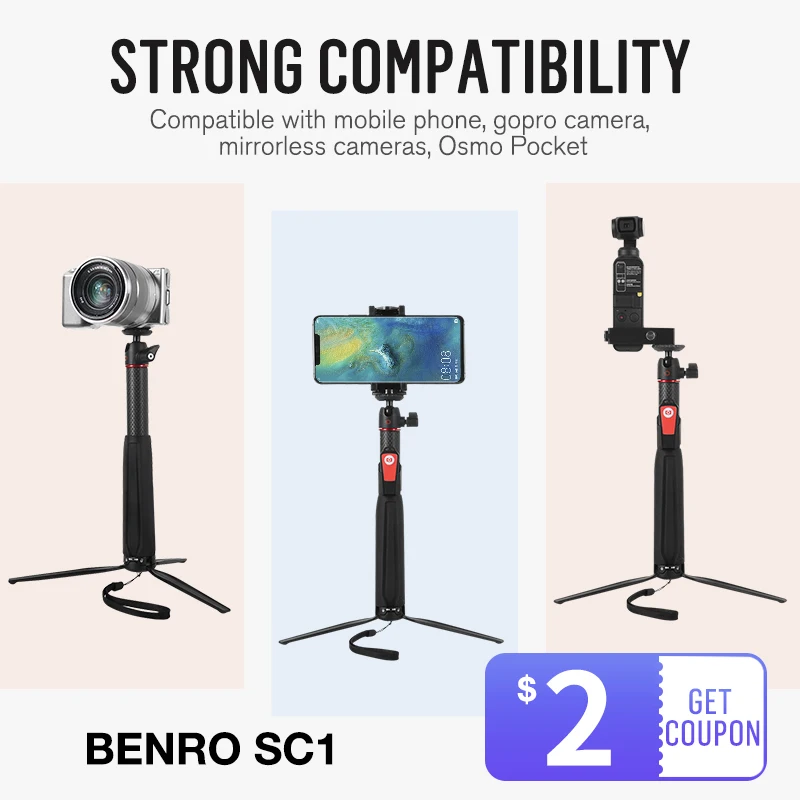 BENRO SC1 селфи палка беспроводной пульт дистанционного управления Bluetooth 360 Вращение с полюсом из углеродного волокна для смартфона iPhone Gopro xiaomi sony