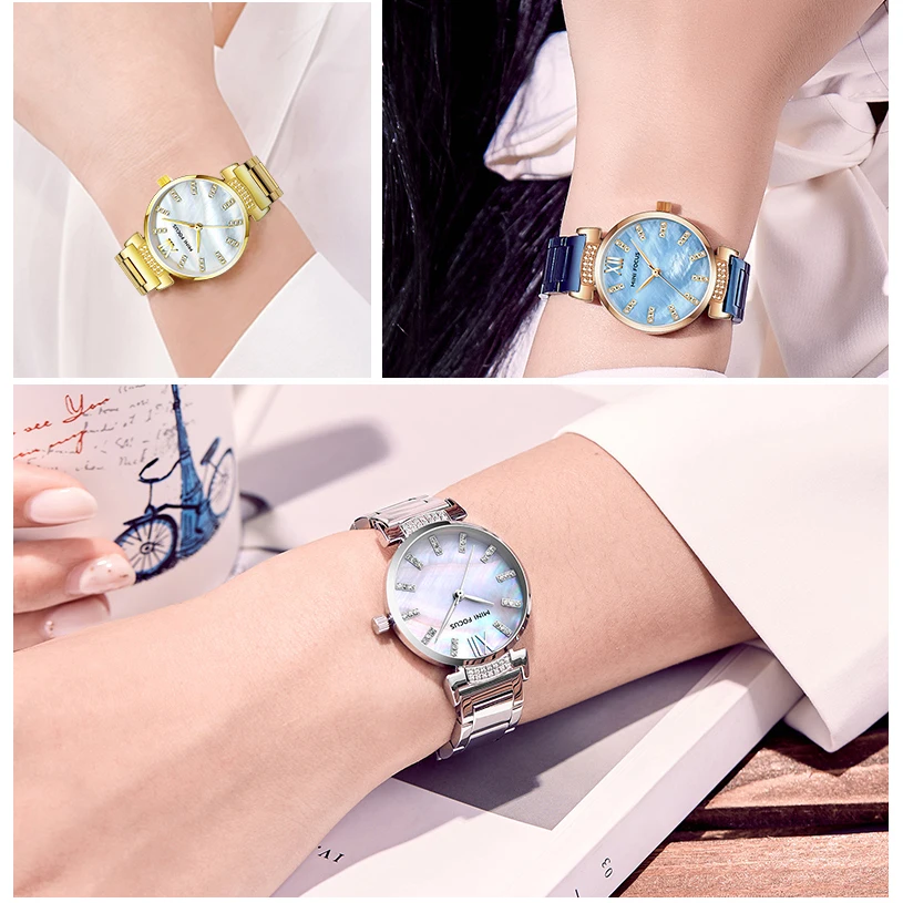 Женские кварцевые часы MINIFOCUS простые наручные цвета розового золота со стразами