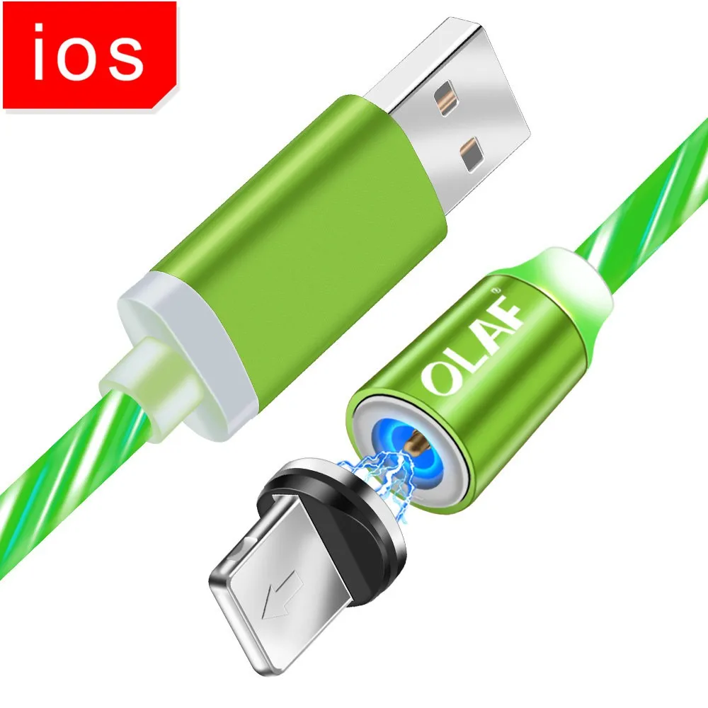 Green ISO Олаф сверкающий Блестящий Магнитный кабель для быстрой зарядки светодиодный кабель микротипа для Iphone 7 8 Plus X XR XS Max для Xiaomi Redmi Note 7 - Цвет: Green ISO