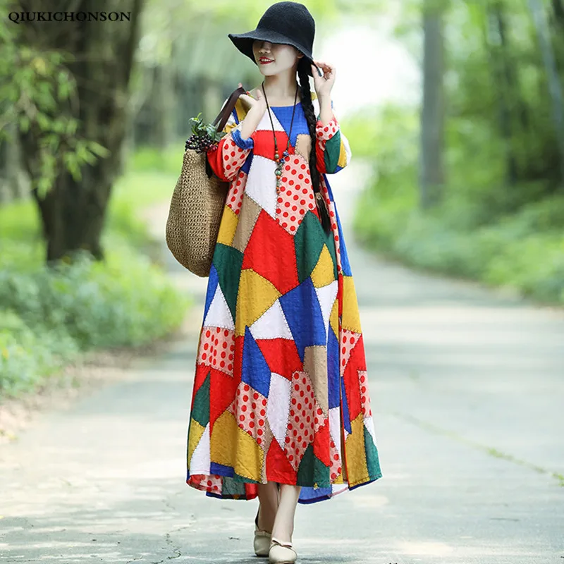 

Women Spring Dress Long Sleeve Ethnic Contrast Color Patchwork Literary Casual Loose Cotton Linen Dresses Ladies Long Midi Dress