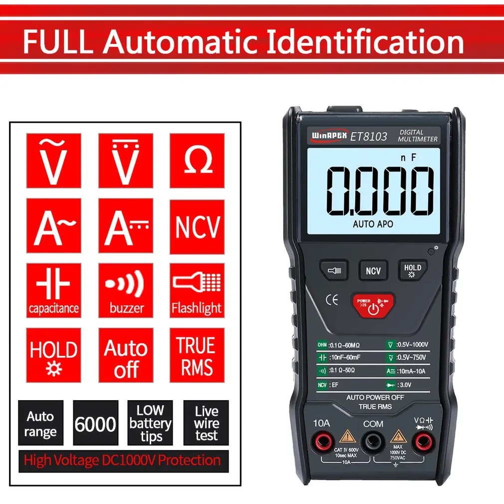 WinAPEX ET6531B NCV цифровой мультиметр AC/DC Вольтметр Амперметр истинный RMS диод ом тестер