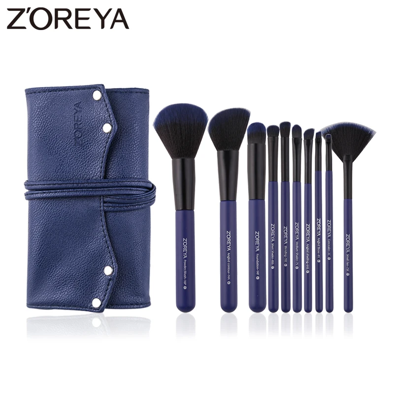 

Zoreya Brand Blue Cruelty Free Small Fan Makeup Brush Soft Synthetic Blush Eye Shadow Concealer Angled Brow Make Up Tools 10 pcs