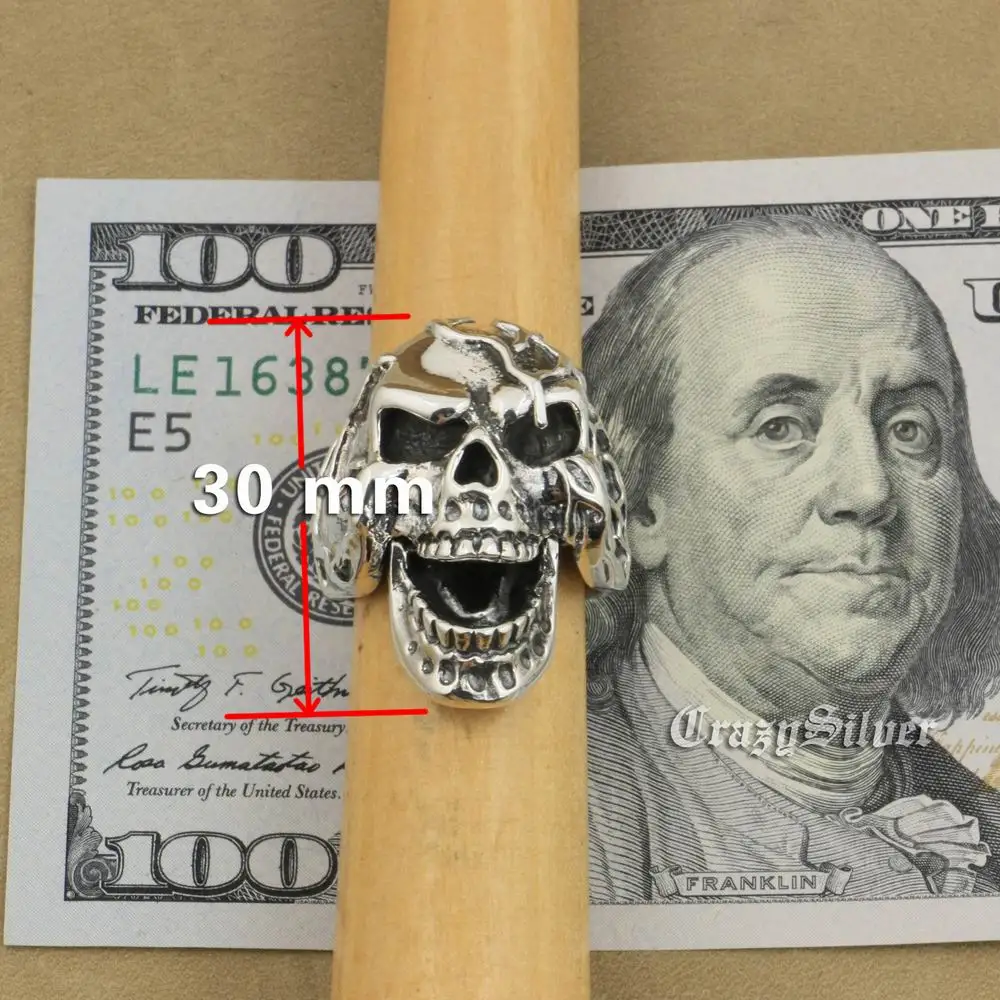 LINSION 925 пробы серебристое кольцо с открытым черепом мужское байкерское в стиле
