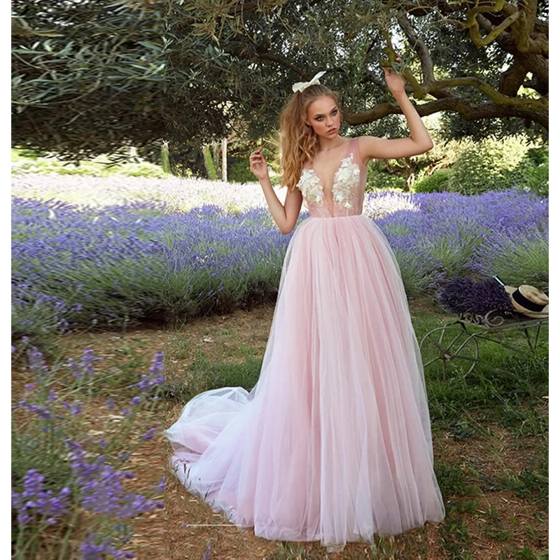 

Verngo New Princess Pink Wedding Dress Sheer Neck Tulle A Line Country Garden Bride Gowns Backless Romantic Robe de mariage