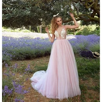 verngo new princess pink wedding dress sheer neck tulle a line country garden bride gowns backless romantic robe de mariage