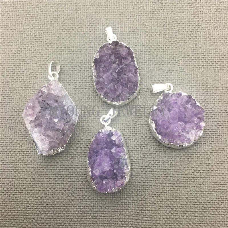 Бесплатная форма фиолетовые кристаллические Кластерные подвески с серебряным