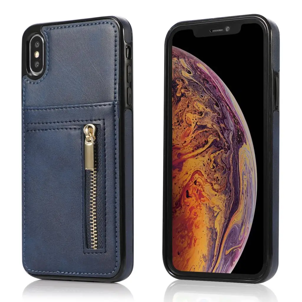 Синий Чехол для iPhone X XS Max XR 8 7 6S Plus кожаный бумажник чехол с отделением для кредитных держатель для карт слот бумажник с застежкой-молнией Карманный Кошелек Чехол Крышка - Цвет: Синий