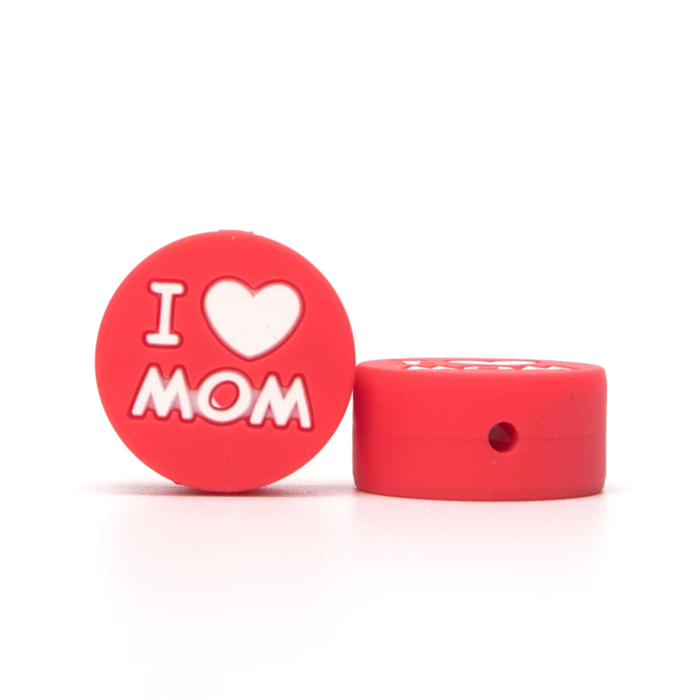 5 шт. круглые силиконовые бусы I Love Mom Dad 20 мм Ожерелье-прорезыватель бисер DIY BPA Free Perle Slicone Dentition Siliconen Kralen Toys - Цвет: Strawberry red Mom